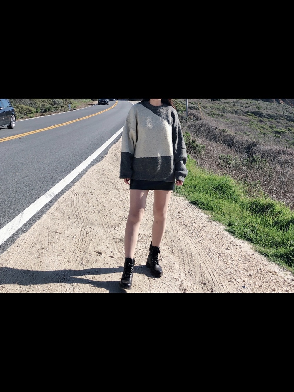OAK + FORT Block Oversized Grey and Cream Crewneck Sweater